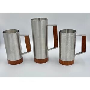 Danish Modern tiki Era Royal Selangor Pewter & Teak Mug Tankard Steins Set